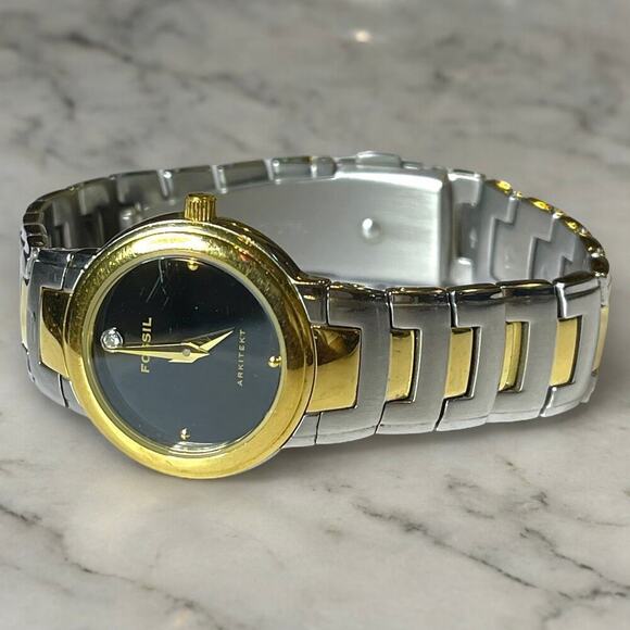 Vintage Fossil Watch Womens Arkitekt Stainless Steel Black Dial Rhinestone WORKS - Picture 1 of 11